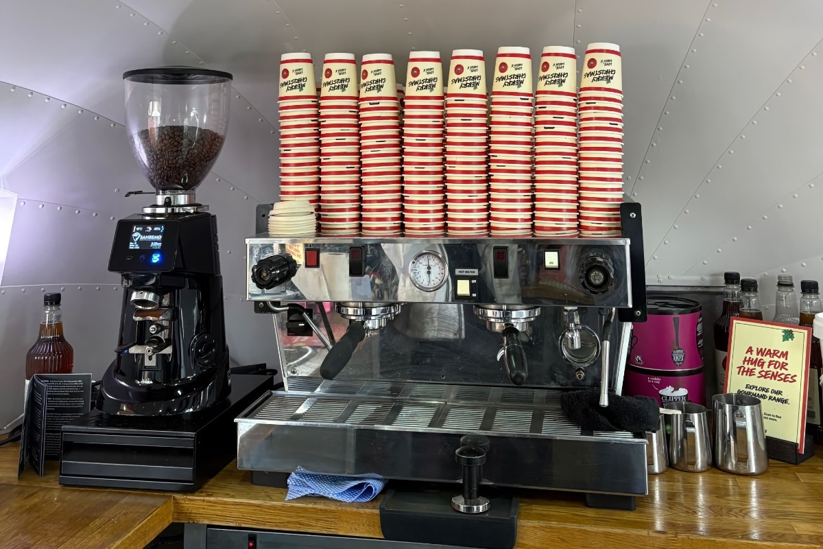 mobile barista for events product launch set up for LUSH with coffee machine and grinder